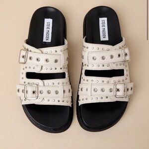 Steve Madden Women's Melanie‎ Bone Leather Buckled Slide Sandals Sz 11